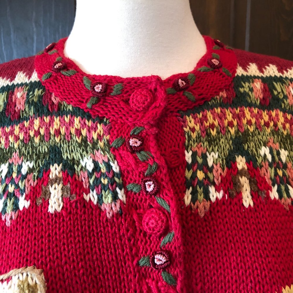 Vintage Tiara Petites Size PM Red Cardigan Sweater 2000 Teddy Bear Fair Isle - Picture 6 of 13
